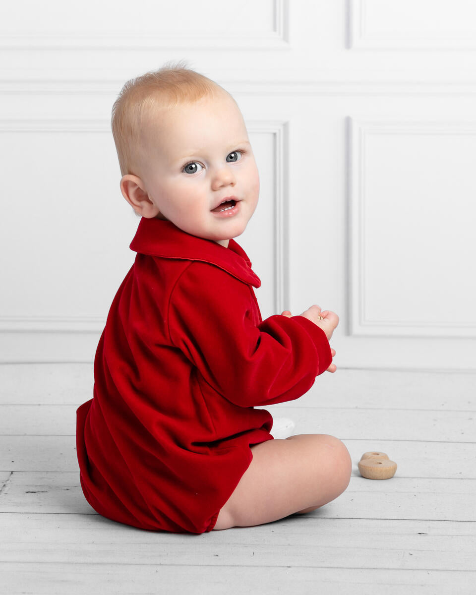 Caramelo Red Smart Velvet Romper | Casa Childrenswear