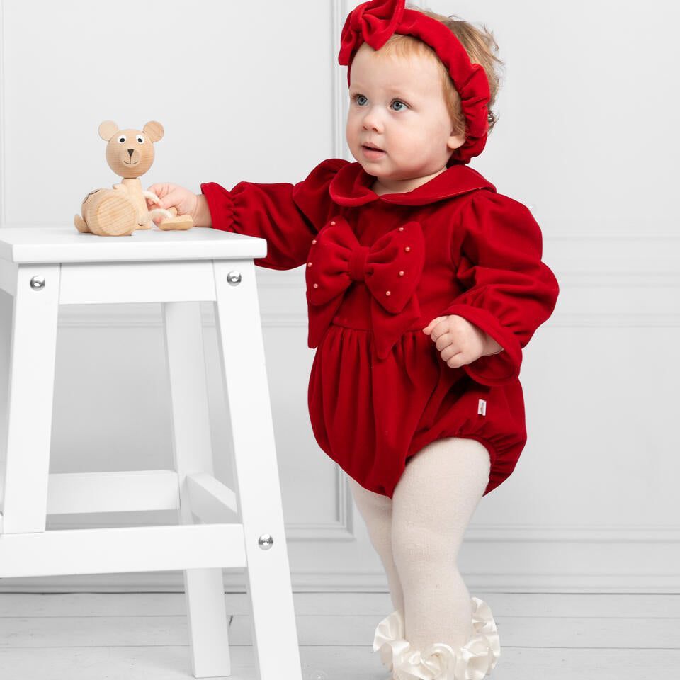 Caramelo Red Velvet Romper with Headband | Casa Childrenswear