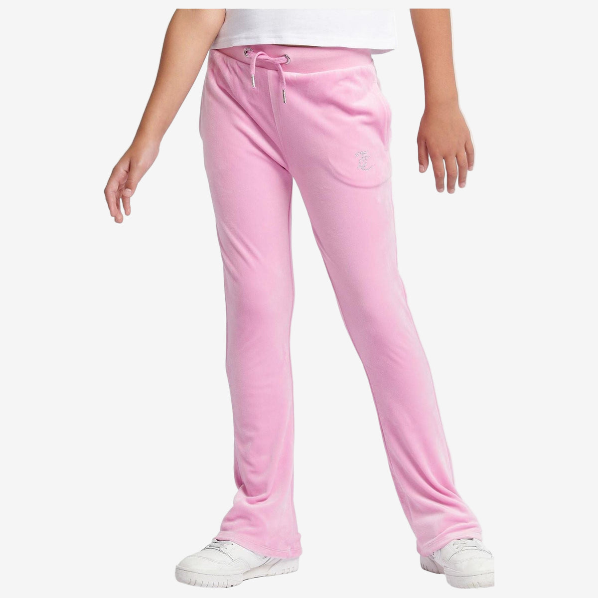 Pink sweatpants worn by a person on a white background