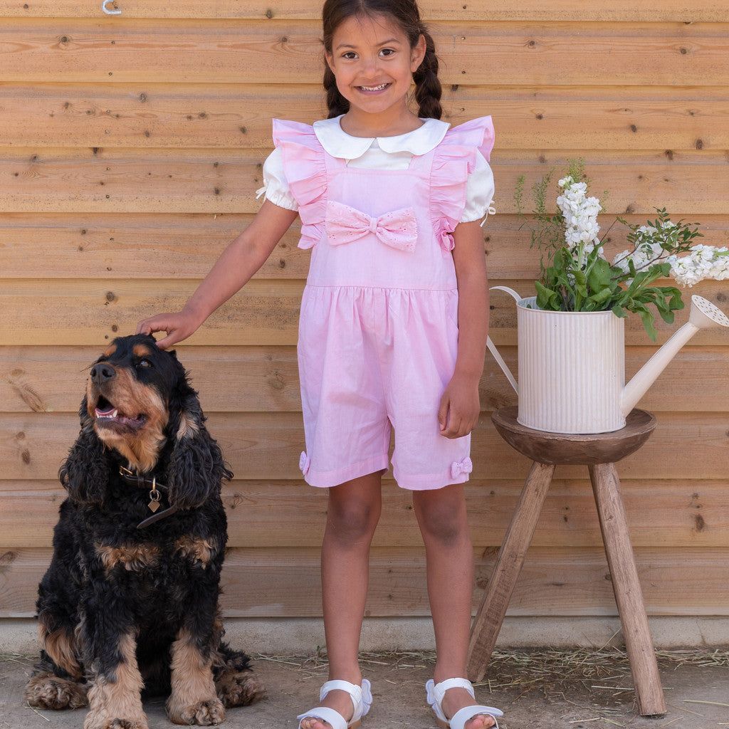 Caramelo Girl Pink Frill Playsuit with Bow | Casa Childrenswear