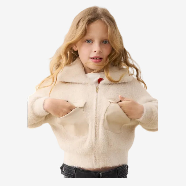 Mayoral Beige Furry Zip Sweater | Casa Childrenswear