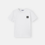A white short-sleeve crewneck t-shirt with a small black square logo patch on the left chest.