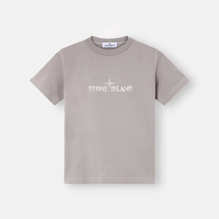 A light grayish-brown short-sleeve t-shirt with a white Stone Island logo printed on the chest.