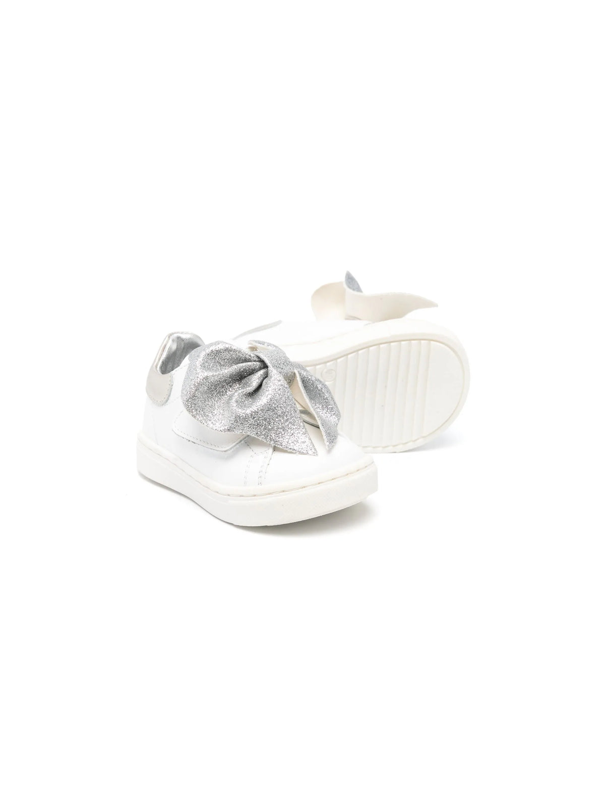 Monnalisa Silver Calf Leather Bow Sneakers | Casa Childrenswear