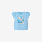 A light blue t-shirt with a floral print in the center, short sleeves, displayed against a white background.