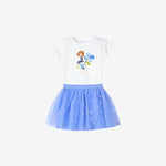 A blue tulle skirt set for girls, consisting of a white t-shirt with a floral and butterfly design and a blue skirt with a floral pattern.