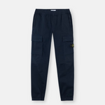 Navy blue cargo pants with side flap pockets and the Stone Island compass logo patch on the right leg.