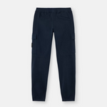 A pair of dark navy blue cargo pants shown from the back, featuring side cargo pockets and an elastic waistband.