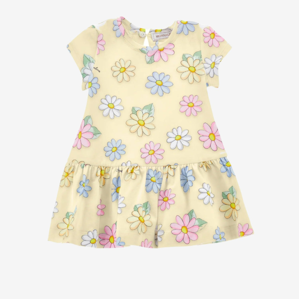 A sleeveless, yellow baby dress with a floral daisy print, featuring a gathered frill round neckline and a low waist with a gathered flounce.