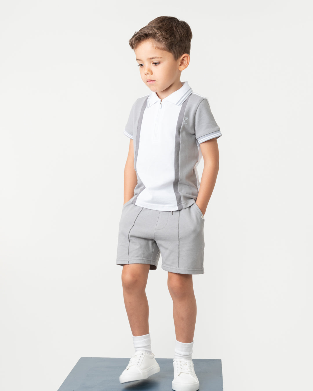 Caramelo Grey Zip Polo Short Set | Casa Childrenswear