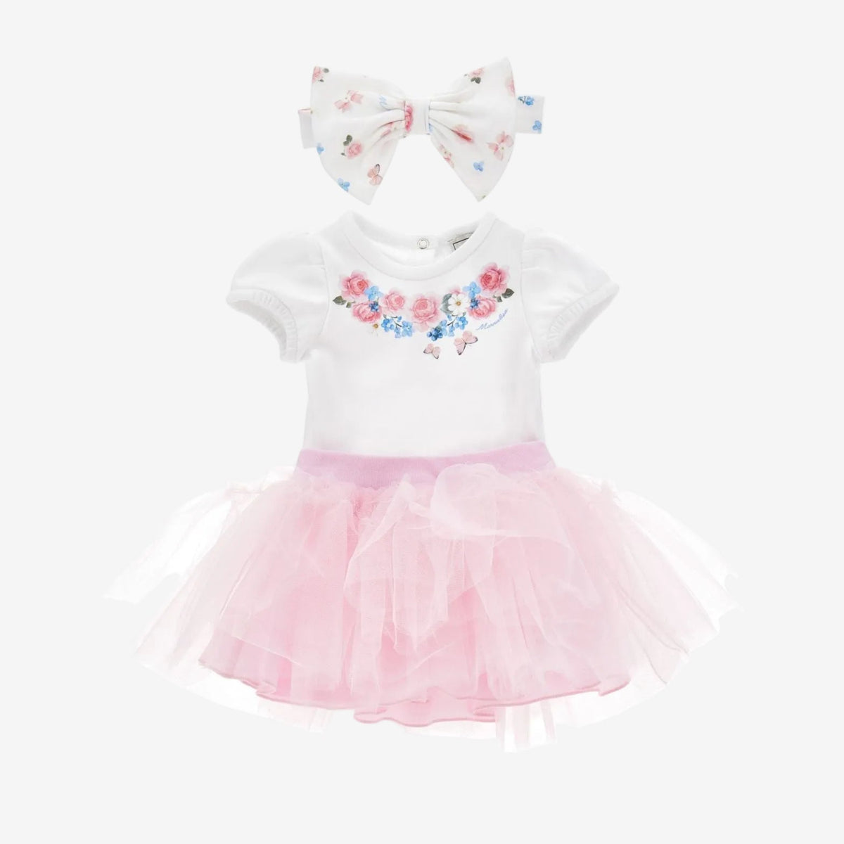 Monnalisa Baby Girls Rose Print Babygrow and Skirt with Bow | Casa Childrenswear