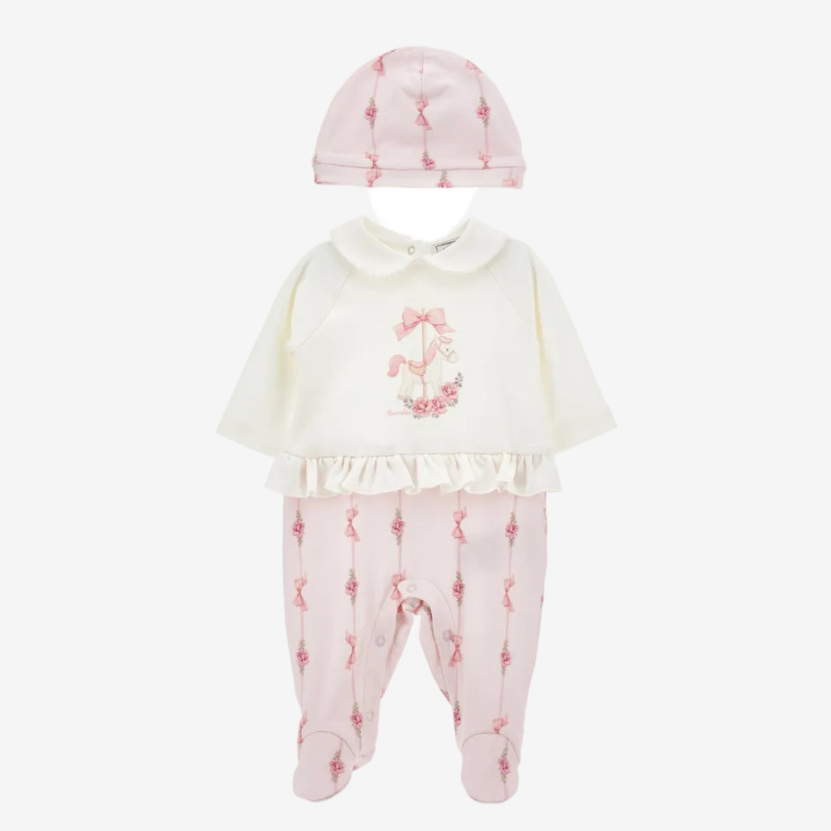 Monnalisa Baby Girls Pink & White Babygrow with Hat | Casa Childrenswear