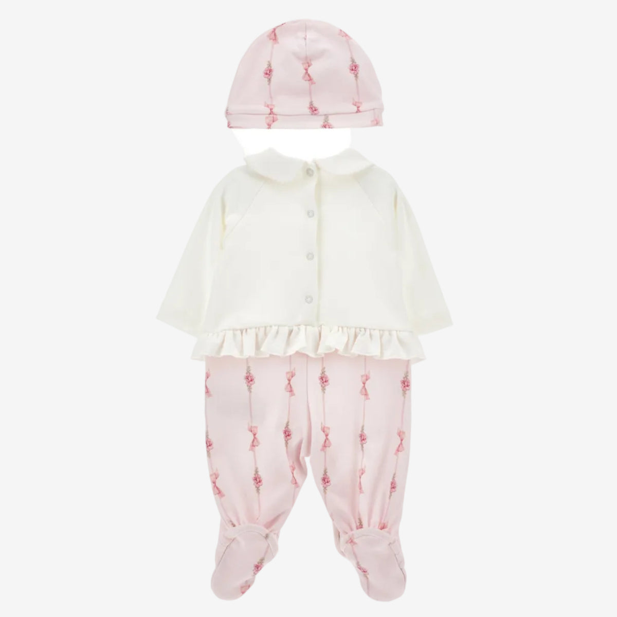 Monnalisa Baby Girls Pink & White Babygrow with Hat | Casa Childrenswear