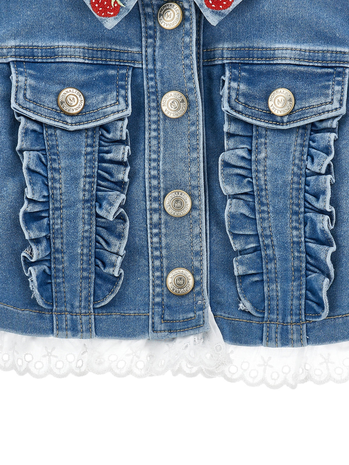 Monnalisa Girls Denim Jacket with Frill Trim and Winnie Embroidery | Casa Childrenswear