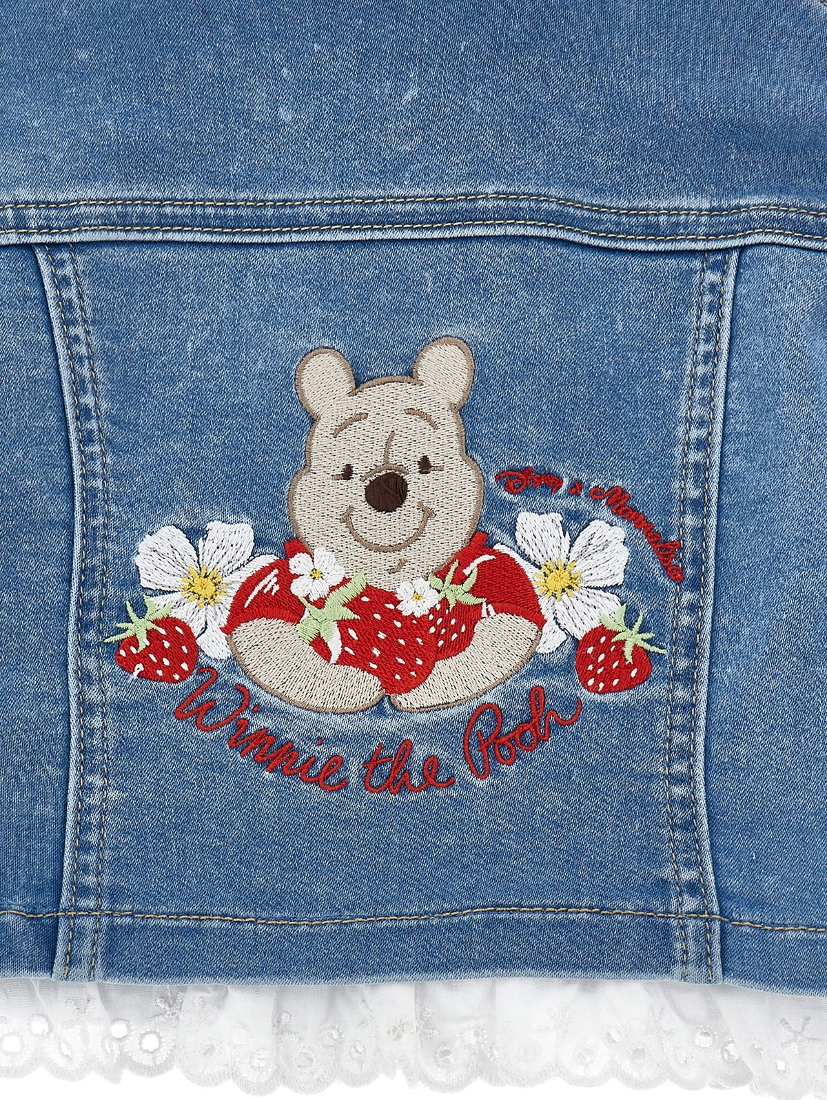 Monnalisa Girls Denim Jacket with Frill Trim and Winnie Embroidery | Casa Childrenswear
