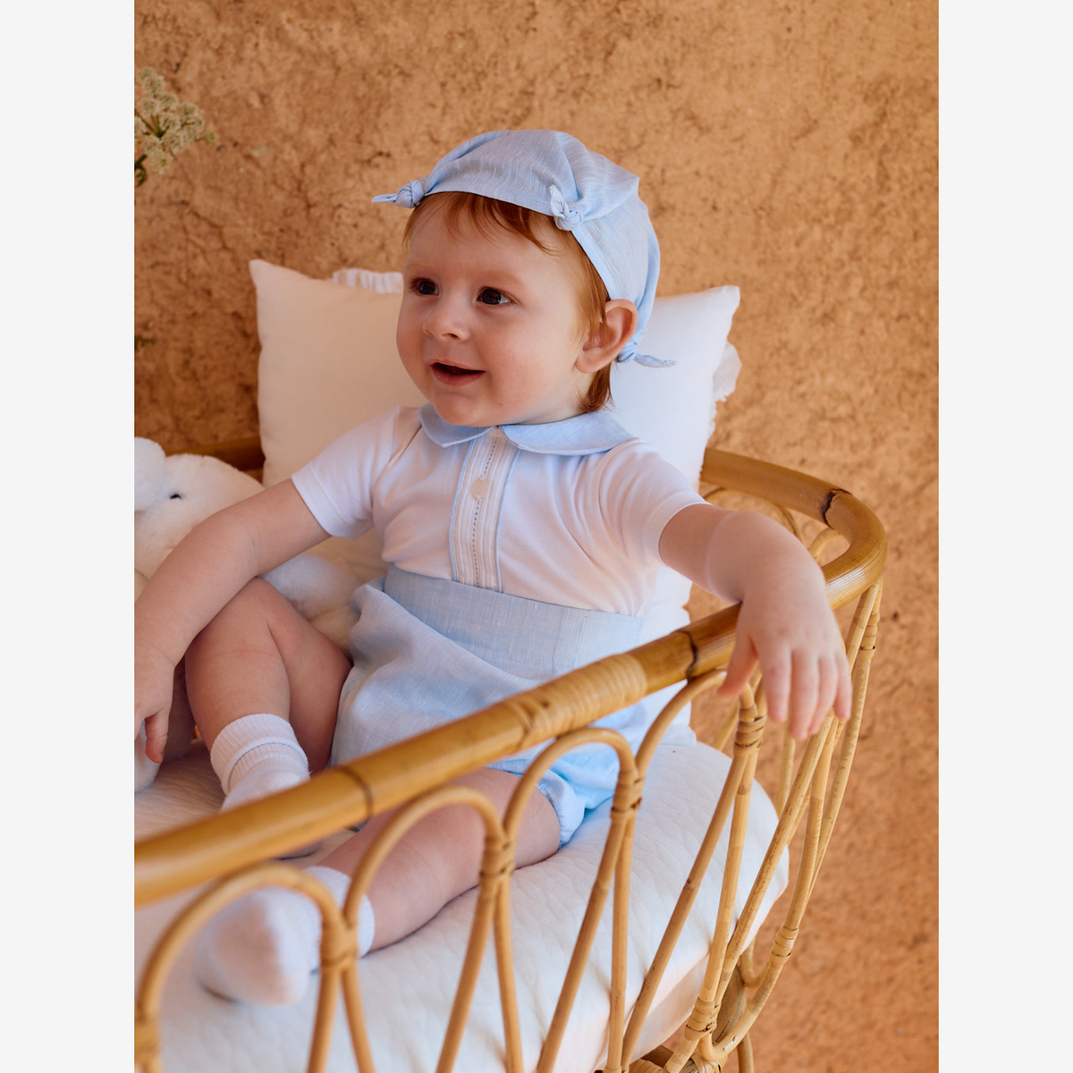 Patachou Baby Boys White Cotton & Blue Linen Shortie | Casa Childrenswear