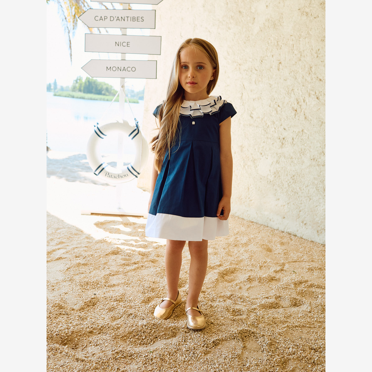 Patachou Girls Navy Dress with White Contrast | Casa Childrenswear