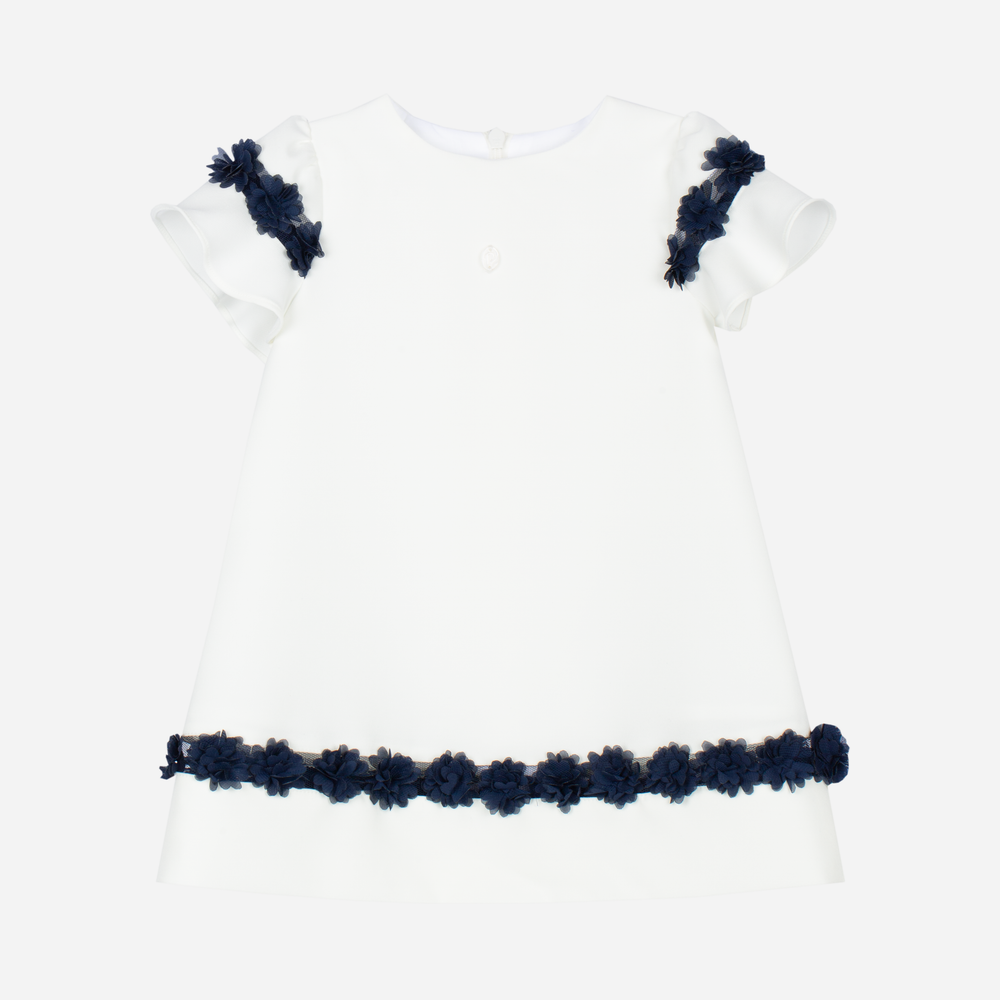 Patachou Girls Ivory Dress with Navy Floral Tulle Trim | Casa Childrenswear