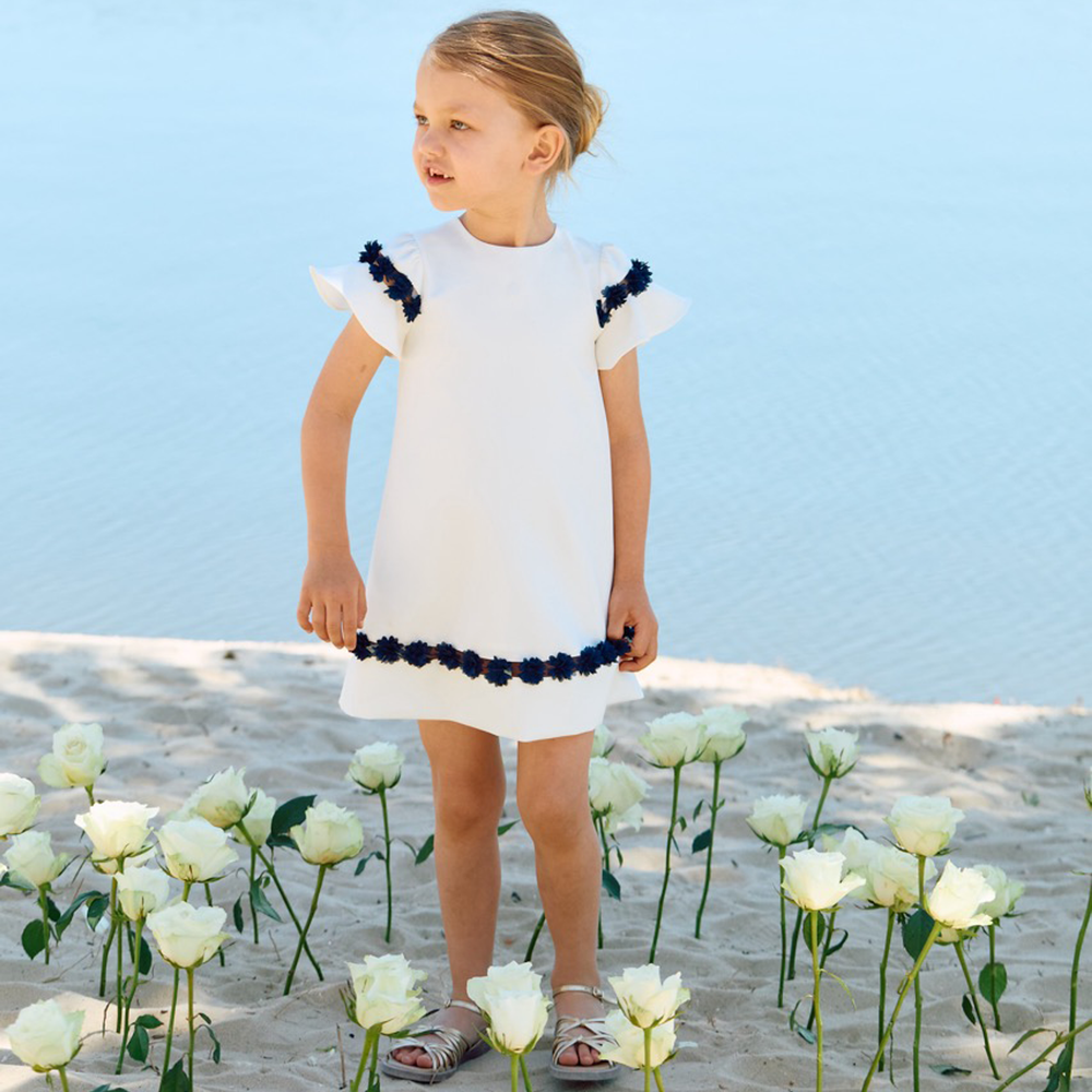 Patachou Girls Ivory Dress with Navy Floral Tulle Trim | Casa Childrenswear