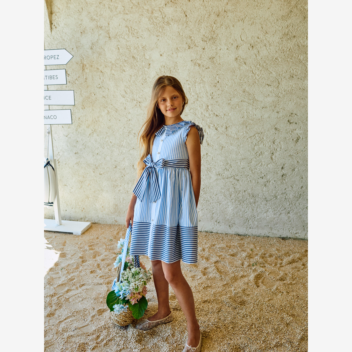 Patachou Girls White & Blue Contrasting Stripe Cotton Dress | Casa Childrenswear