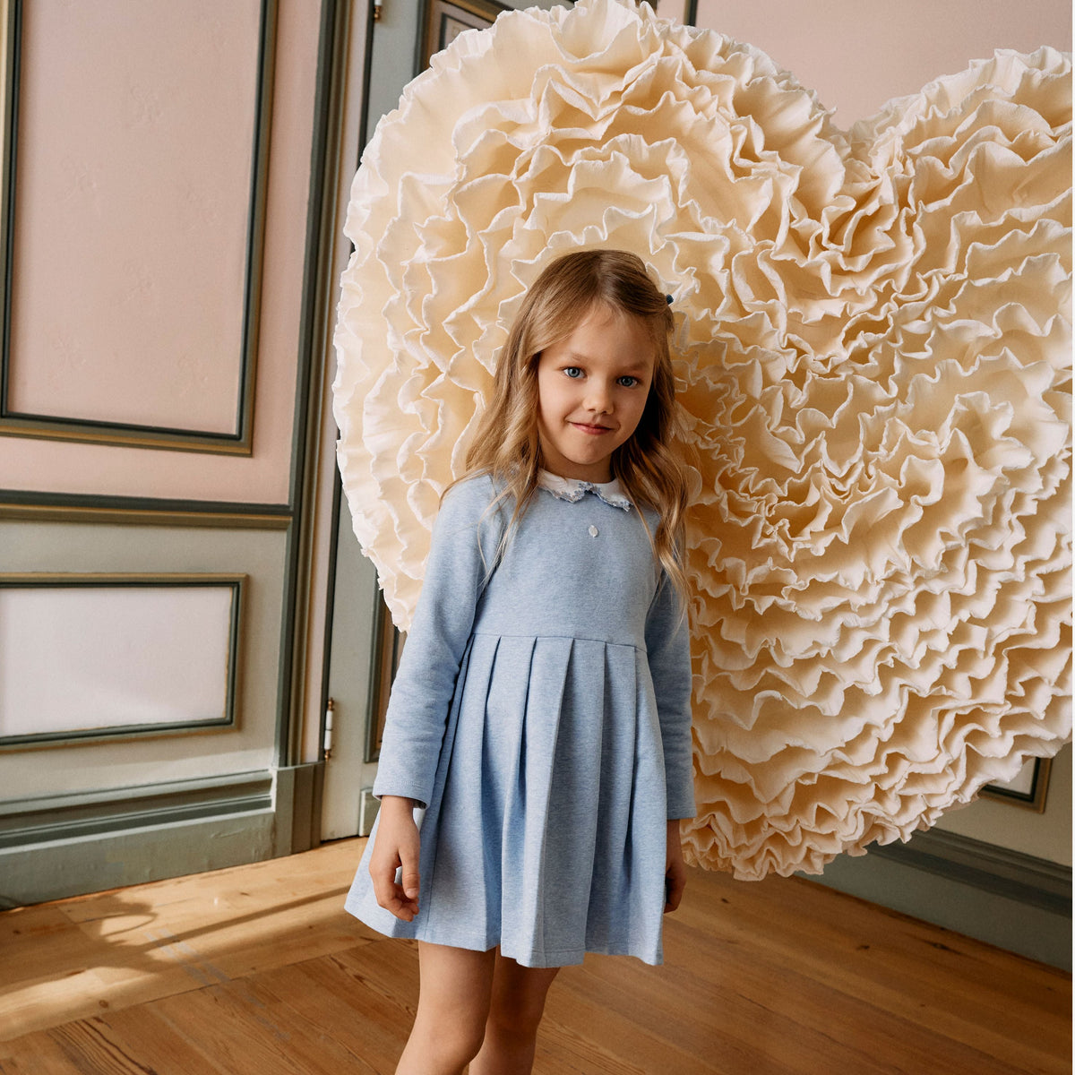 Patachou Infant Girls Blue Dress with Embroidered Collar | Casa Childrenswear