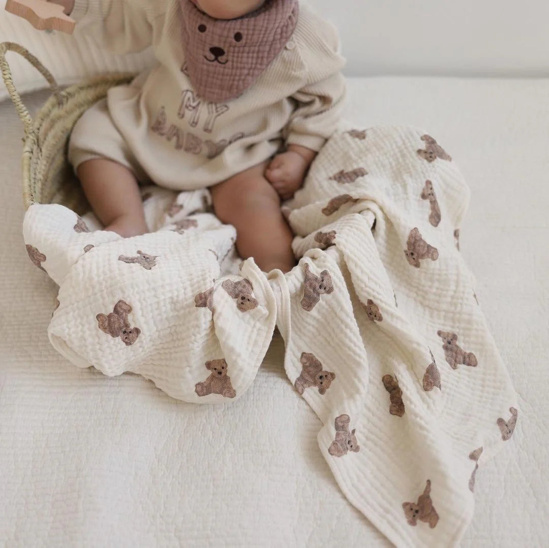 Cozy Crew Club Bear Muslin Blanket Swaddle | Casa Childrenswear