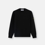 A black long-sleeve crewneck sweater with the Stone Island compass logo embroidered on the left sleeve.