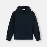 A dark navy blue Stone Island pullover hoodie with the signature compass badge on the left sleeve, displayed against a light gray background.