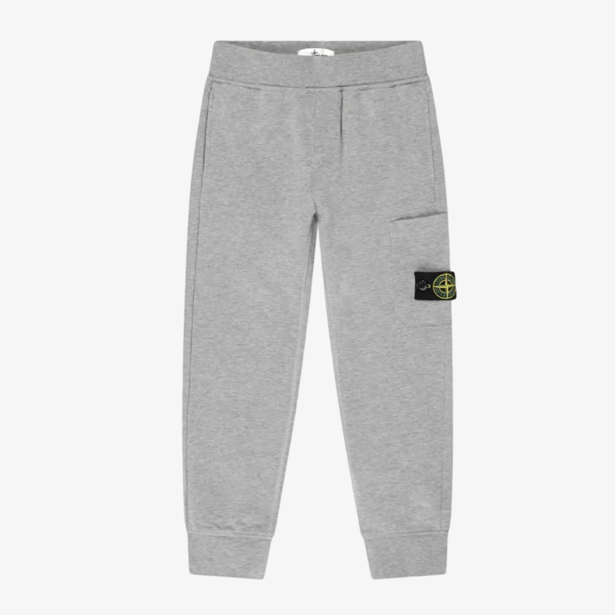 A pair of heather gray fleece pants featuring a classic Stone Island compass patch on the left thigh, displayed against a light gray background.