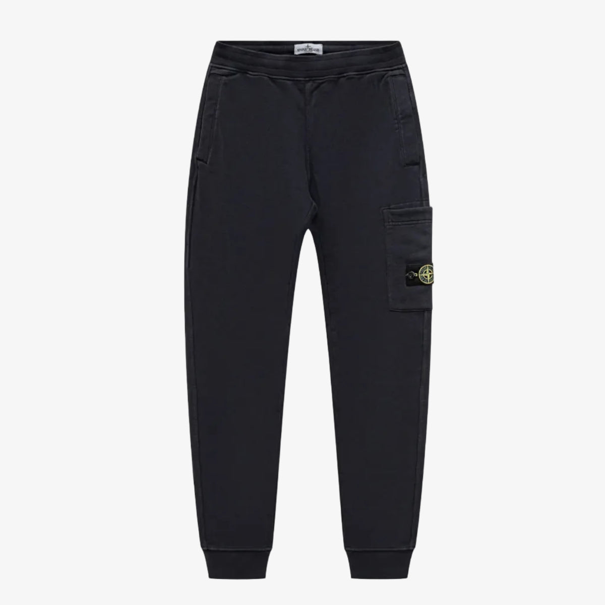 Black Stone Island cargo jogger pants with a zippered pocket and the signature compass badge, shown flat on a light gray background.