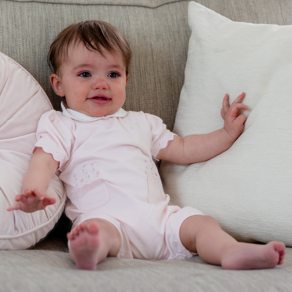 Emile et Rose Louise Pink Jersey Romper with Floral Embroidery | Casa Childrenswear