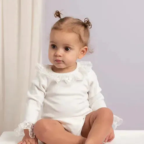 Caramelo Baby Girl White Frilliy Long Sleeved Romper | Casa Childrenswear