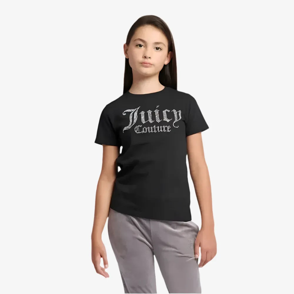 Person wearing a black 'Juicy Couture' t-shirt on a white background