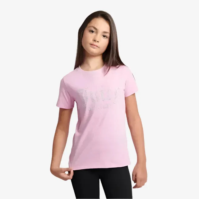 Person wearing a pink t-shirt with a logo on a light gray background