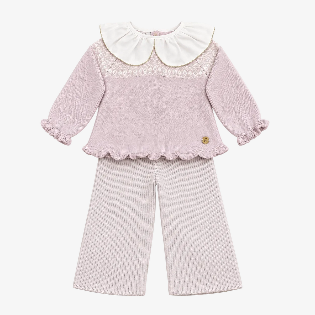 A baby girl's two-piece knit outfit set in dusty pink, featuring a long-sleeve top with a white ruffled Peter Pan collar, lace trim, and ruffled hem, paired with matching ribbed knit pants.