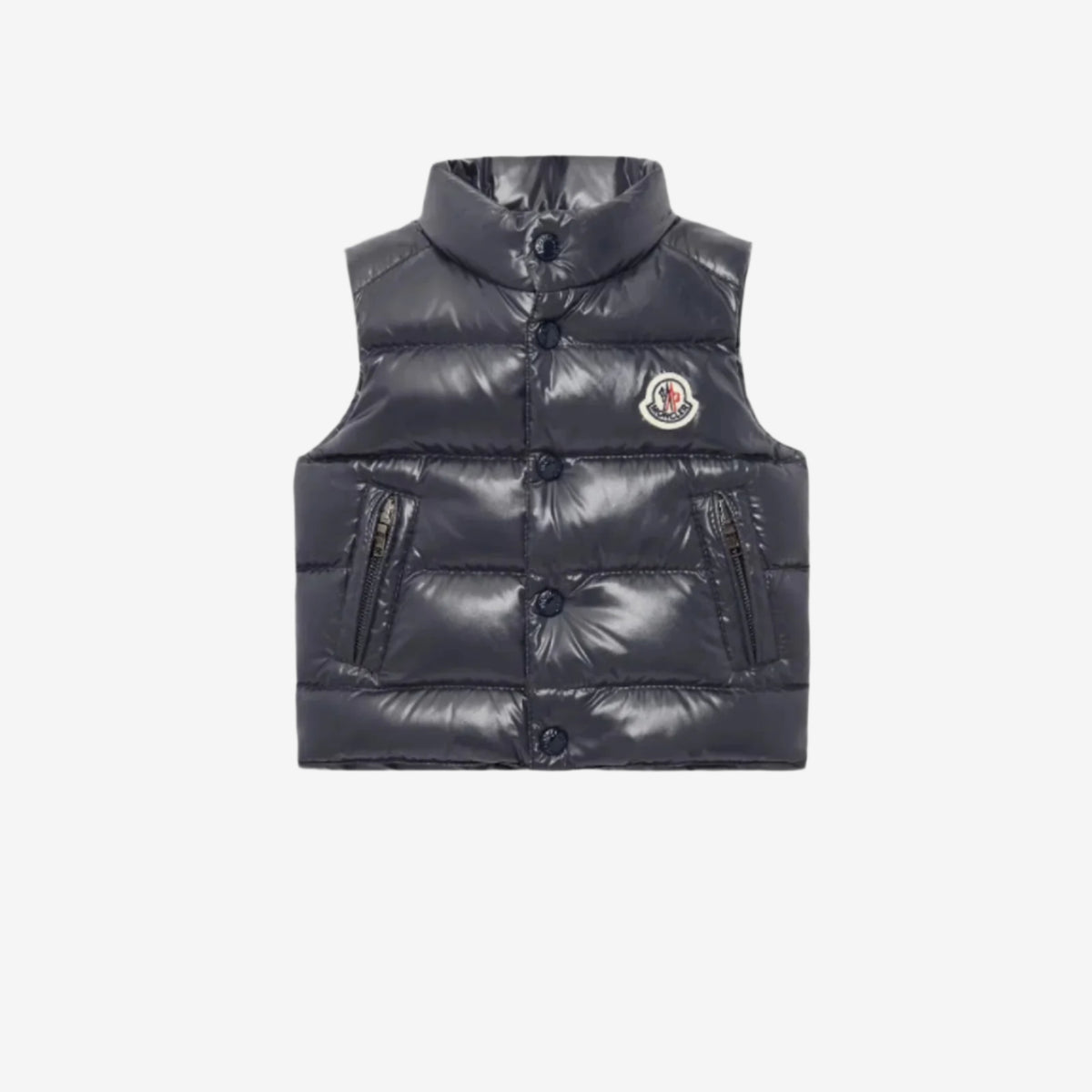 Black puffer vest with brand logo on a white background