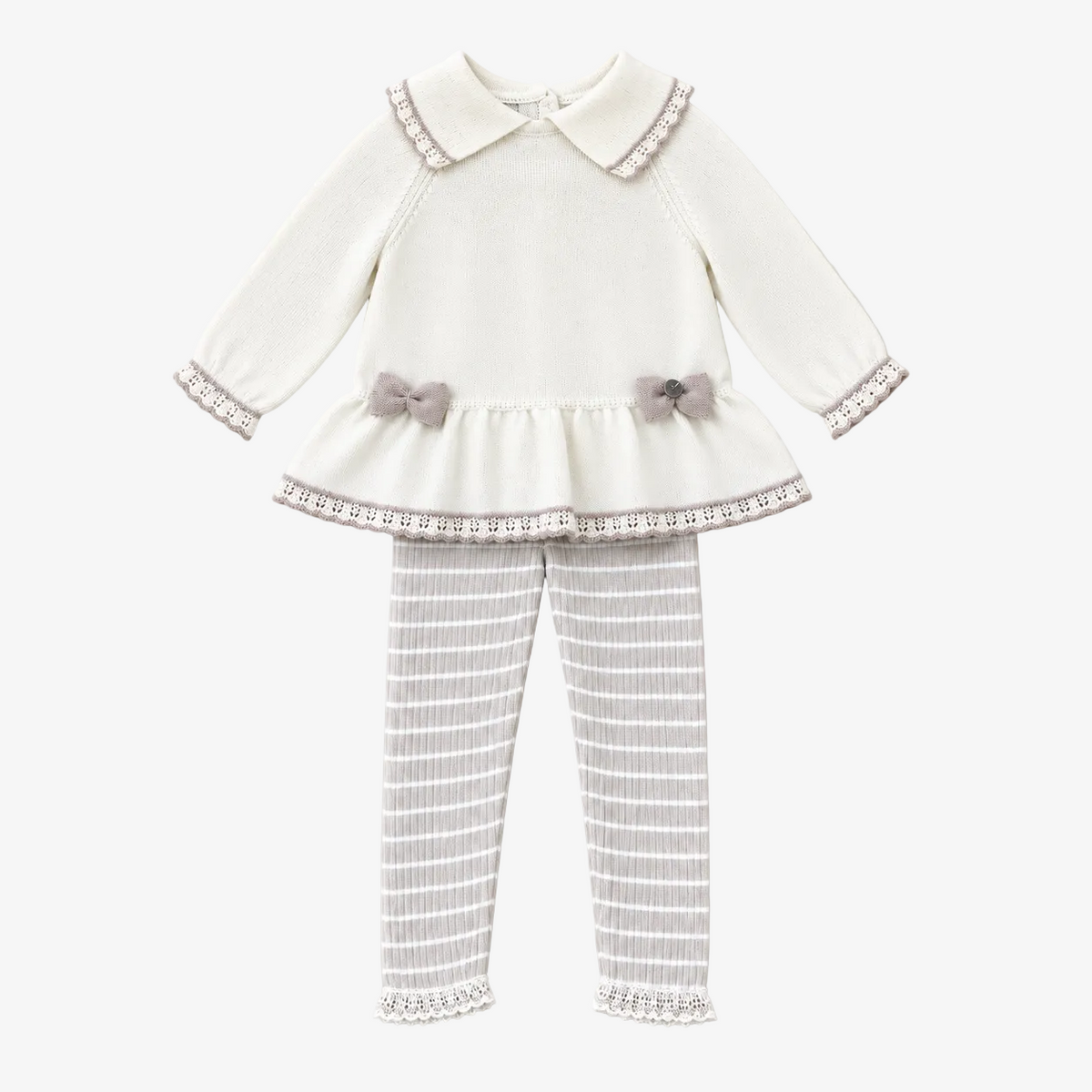 A toddler girl's two-piece knit outfit set featuring a cream long-sleeve top with lace trim and gray bows, paired with gray and white striped leggings with lace cuffs, displayed on a solid light beige background.