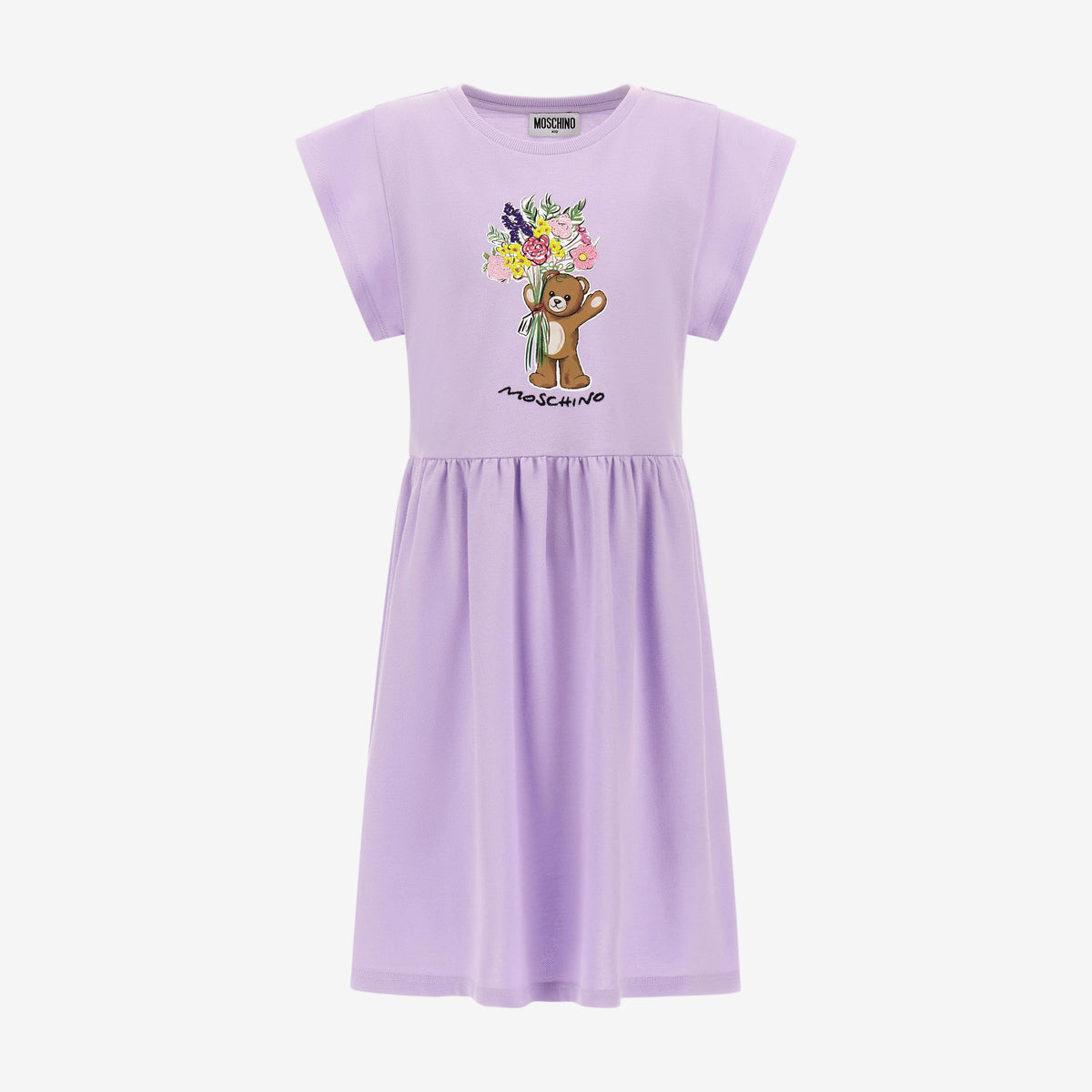 Moschino Girls Cotton Lilac Dress with Bear Print | Casa Childrenswear