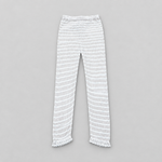 White textured knit leggings with a fine vertical stripe pattern and delicate lace trim at the ankles, shown flat on a light gray background.