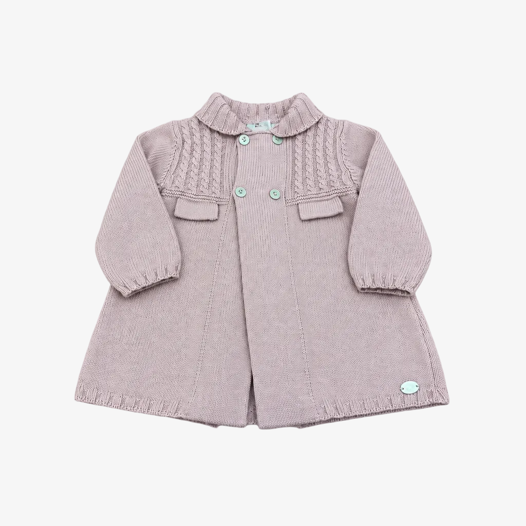 A dusty pink knit baby cardigan with a ruffled collar, button front, and textured chest panel, laid flat on a neutral gray background.