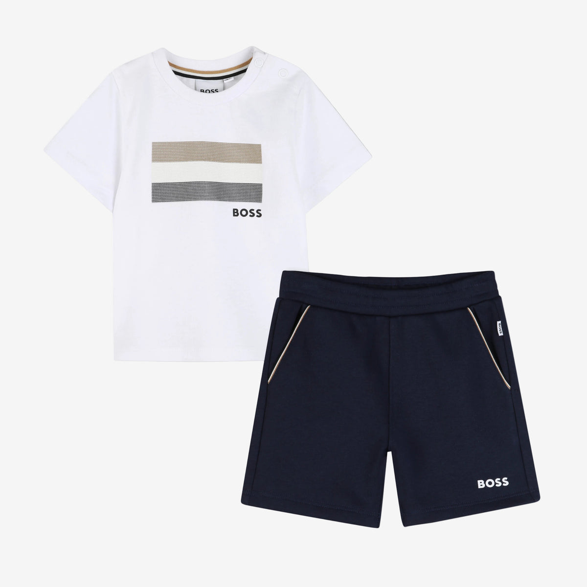 Boss Baby Boys Navy Shorts Set with Signature Stripes | Casa Childrenswear