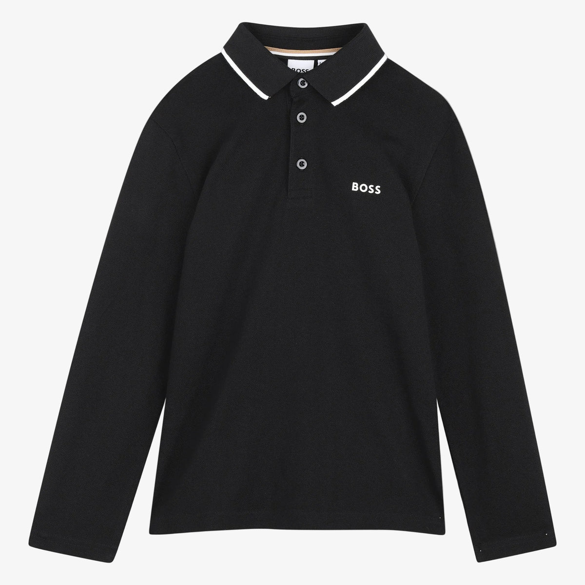 Boss Boys Black Long Sleeve Polo - front view