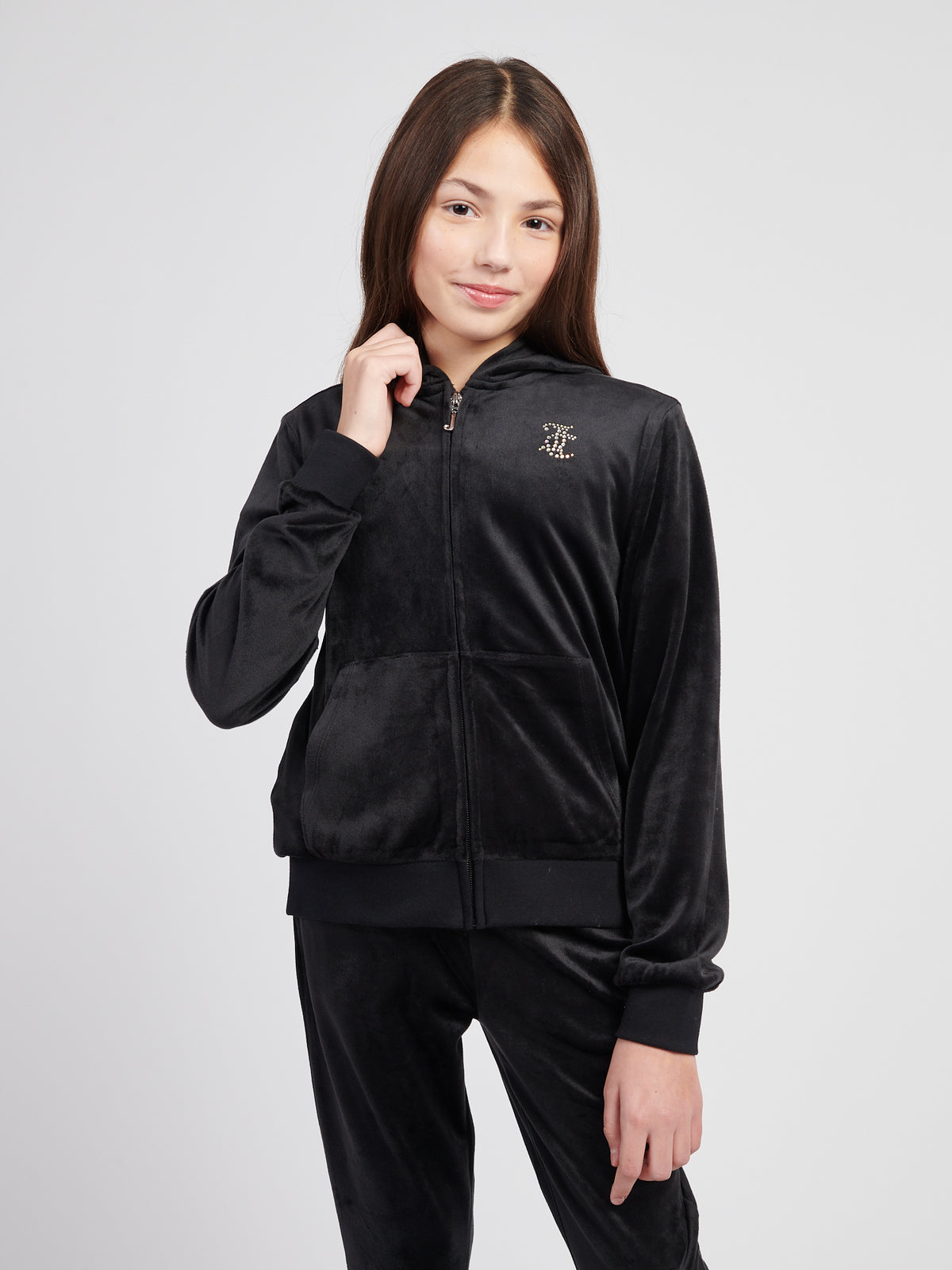 Black Diamonte Zip Thru Velour Hoodie