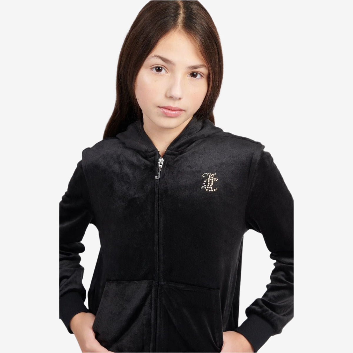 Black Diamonte Zip Thru Velour Hoodie