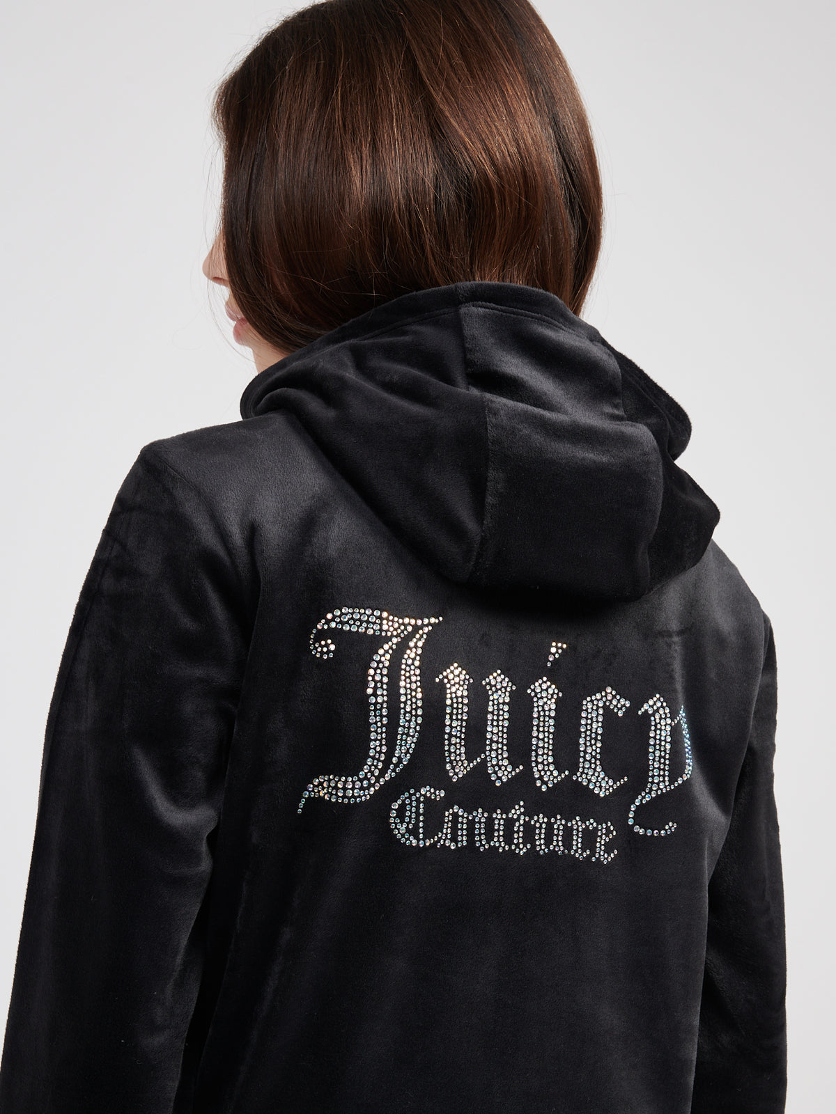 Black Diamonte Zip Thru Velour Hoodie
