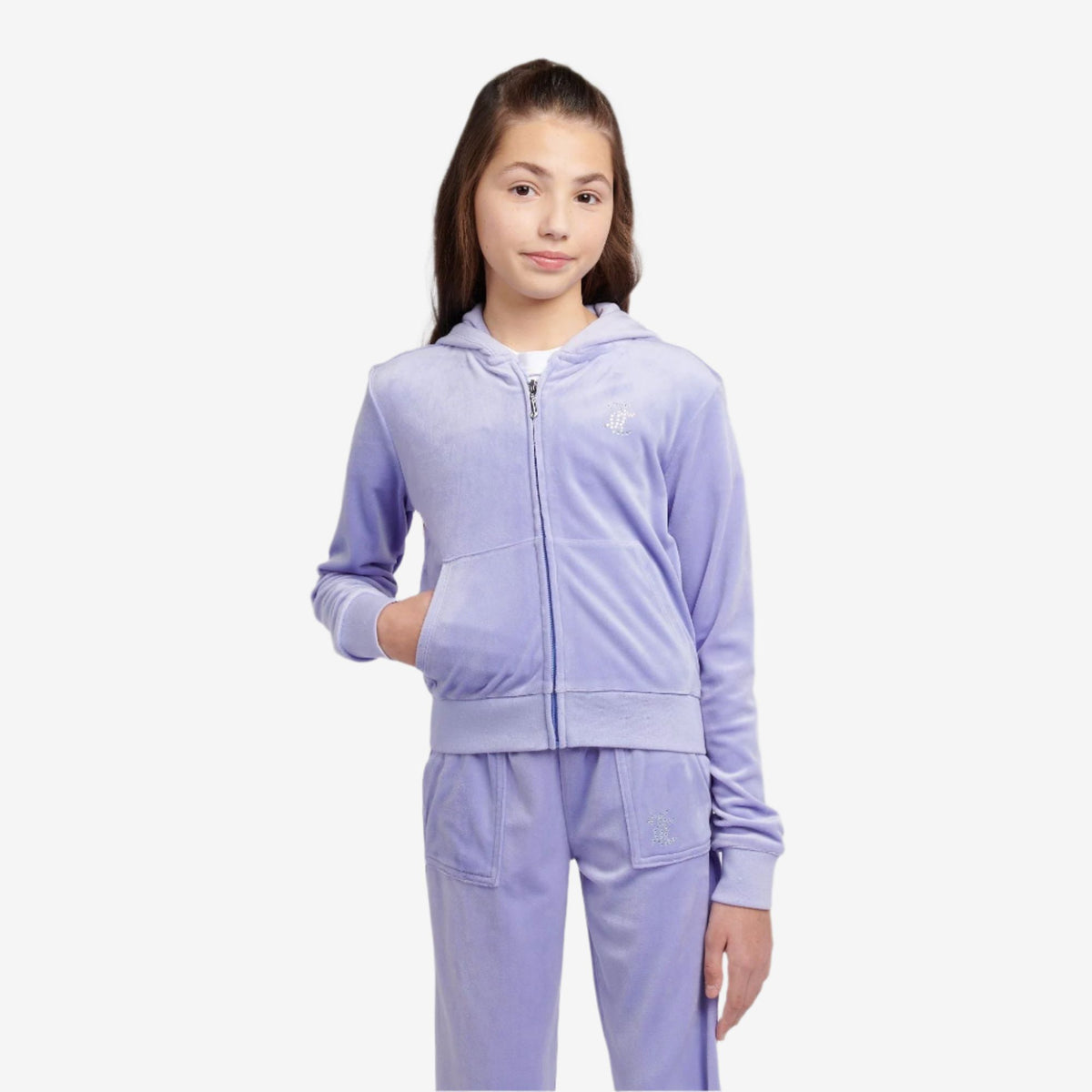 Person wearing a lavender tracksuit with a brand logo on a light gray background