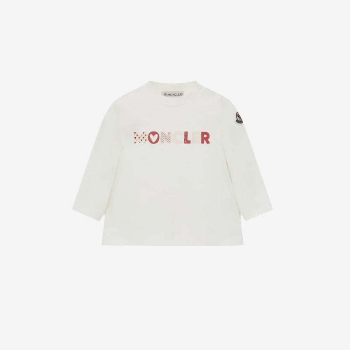 White t-shirt with red and black text on a white background