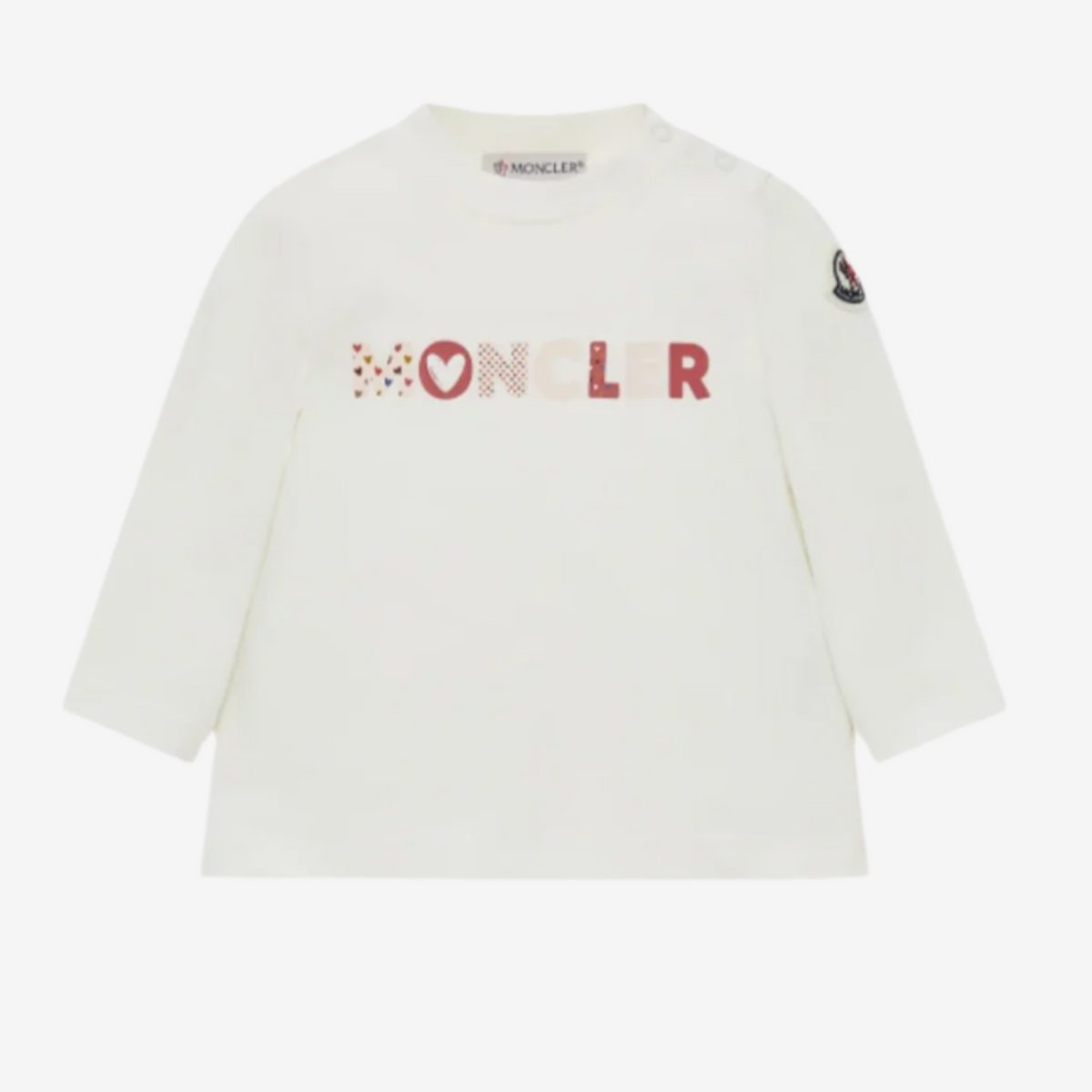 White t-shirt with red and black text on a white background