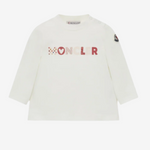 White t-shirt with red and black text on a white background