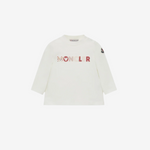 White t-shirt with red and black text on a white background